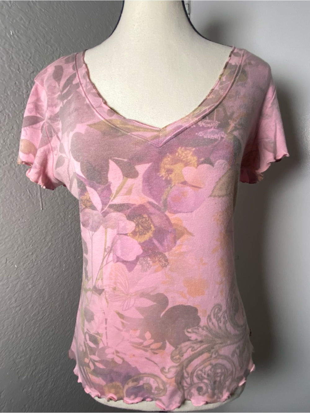 Y2K Fairy Pink Butterly Floral Frilly Trim V-neck T-shirt Size Small